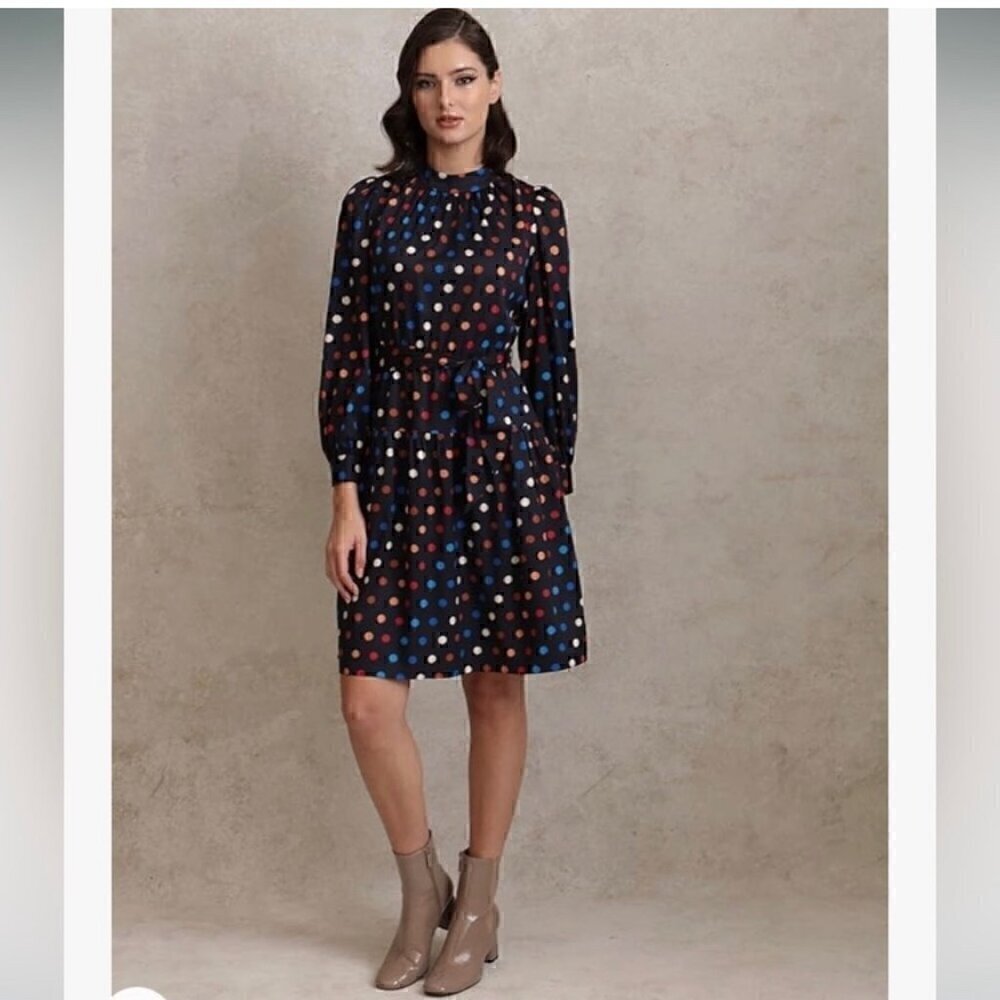 Maggy London Polka Dot Long Balloon Sleeve Dress With Cutout Back and Tie Waist